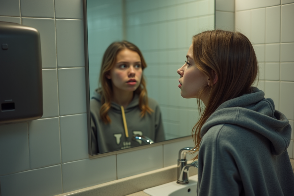 Adolescente examinant ses lèvres dans un miroir public