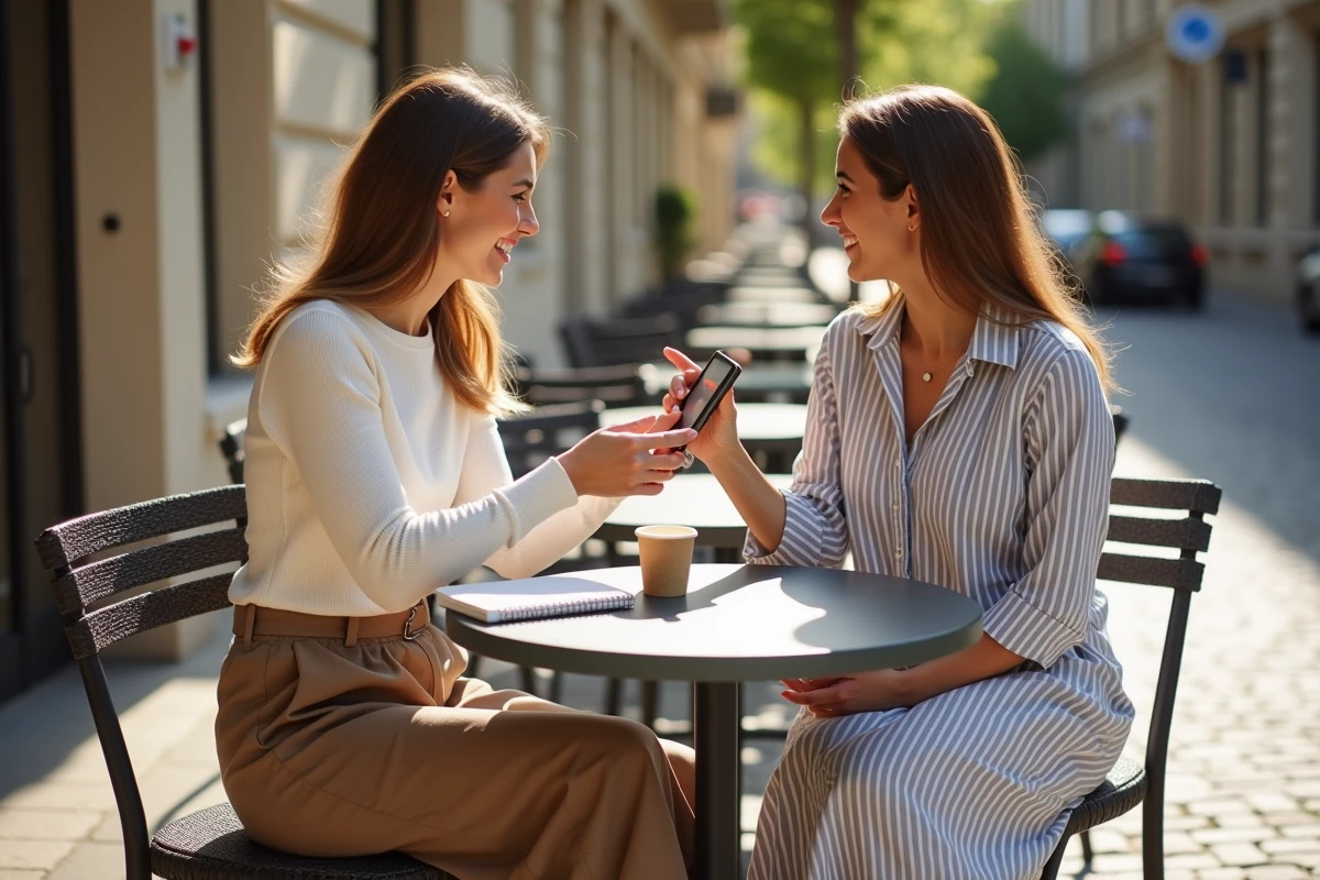 Deux amies partageant des idées de tenues Kiabi en terrasse autour d'un café en ville