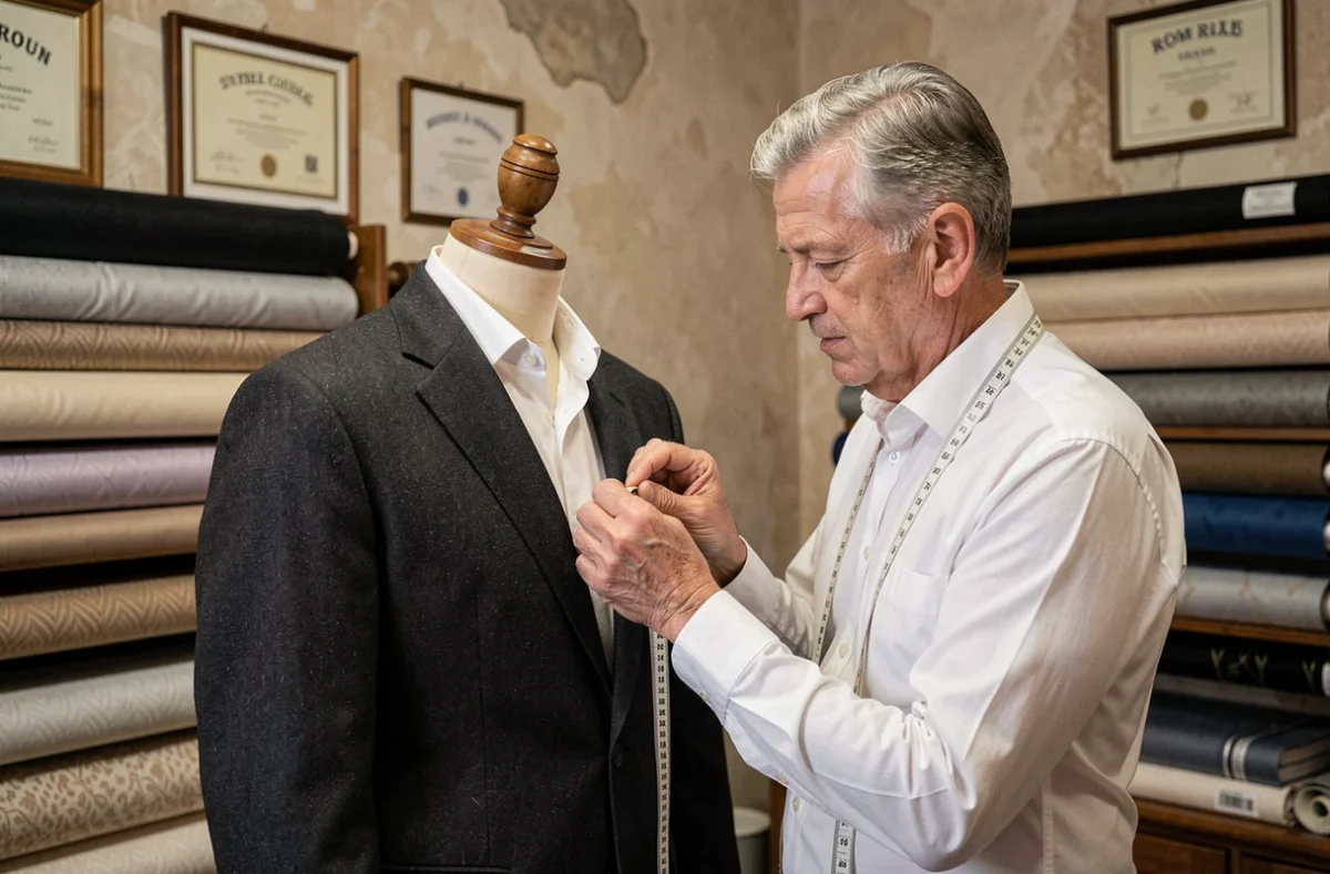 Tailleur sur mesure à Rouen cousant à la main le revers d'un veston en laine charbon dans son atelier élégant