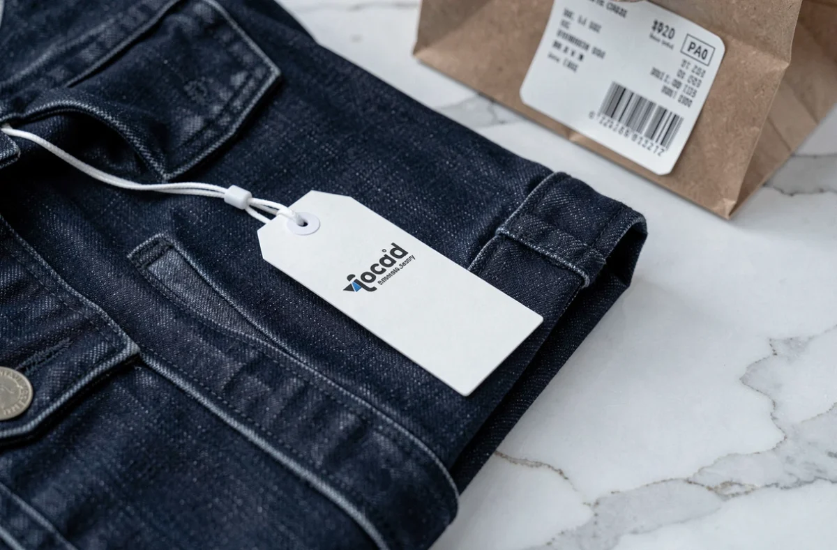Antivol plastique oublié accroché sur une veste en jean après l'achat en boutique