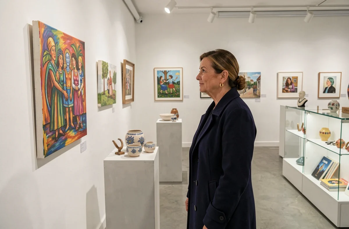 Intérieur du concept store artistique Art by Uzume à Clermont-Ferrand avec des peintures originales, des bijoux artisanaux et des céramiques illustrées dans un cadre galerie