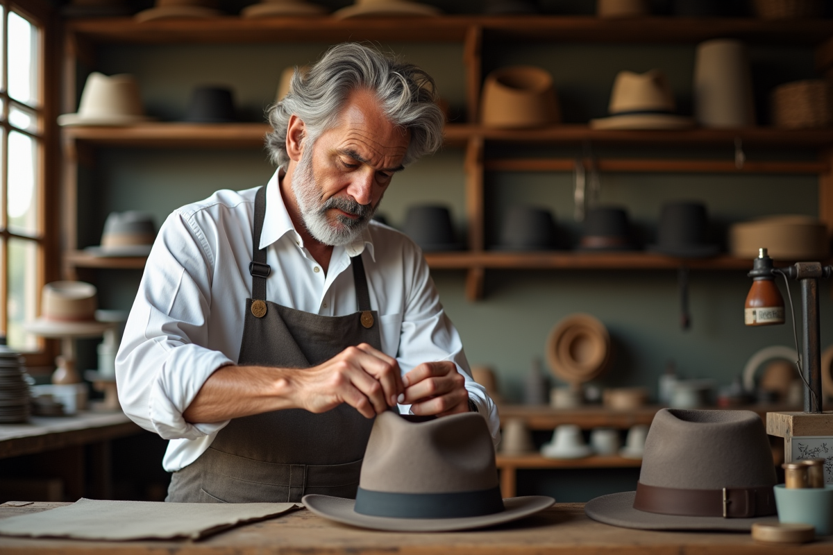 Artisan homme façonnant un chapeau en feutre dans son atelier