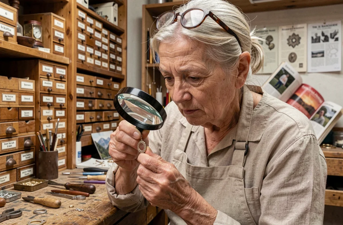 Artisane joaillière expérimentée examinant une boucle d'oreille savoyarde ancienne à la loupe dans son atelier traditionnel alpin