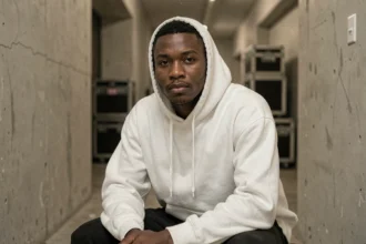 Portrait intimiste d'un artiste de rap sans masque, capturé en backstage dans un couloir en béton brut, regard direct et expression authentique