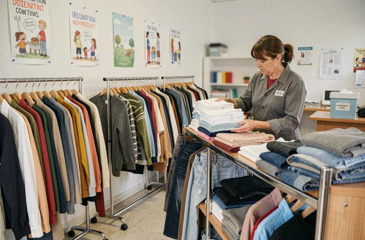 Intérieur soigné d'une friperie associative avec des vêtements triés par couleur et un membre bénévole rangeant des articles pliés