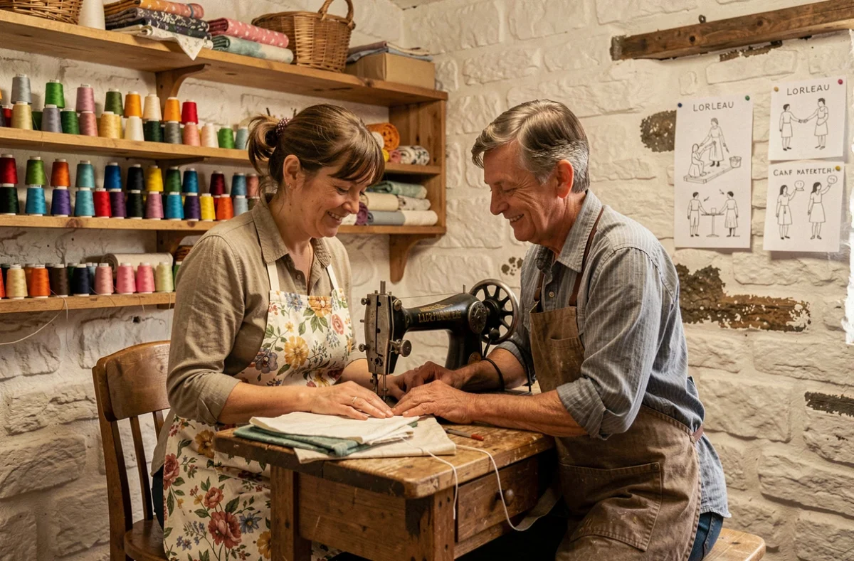 Couturière enseignant à une étudiante comment utiliser une machine à coudre vintage dans l'atelier Mélie-Mélo à Lorleau en Normandie