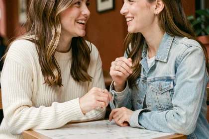 Deux amies portant une bague cœur BFF en argent au quotidien dans un café cosy
