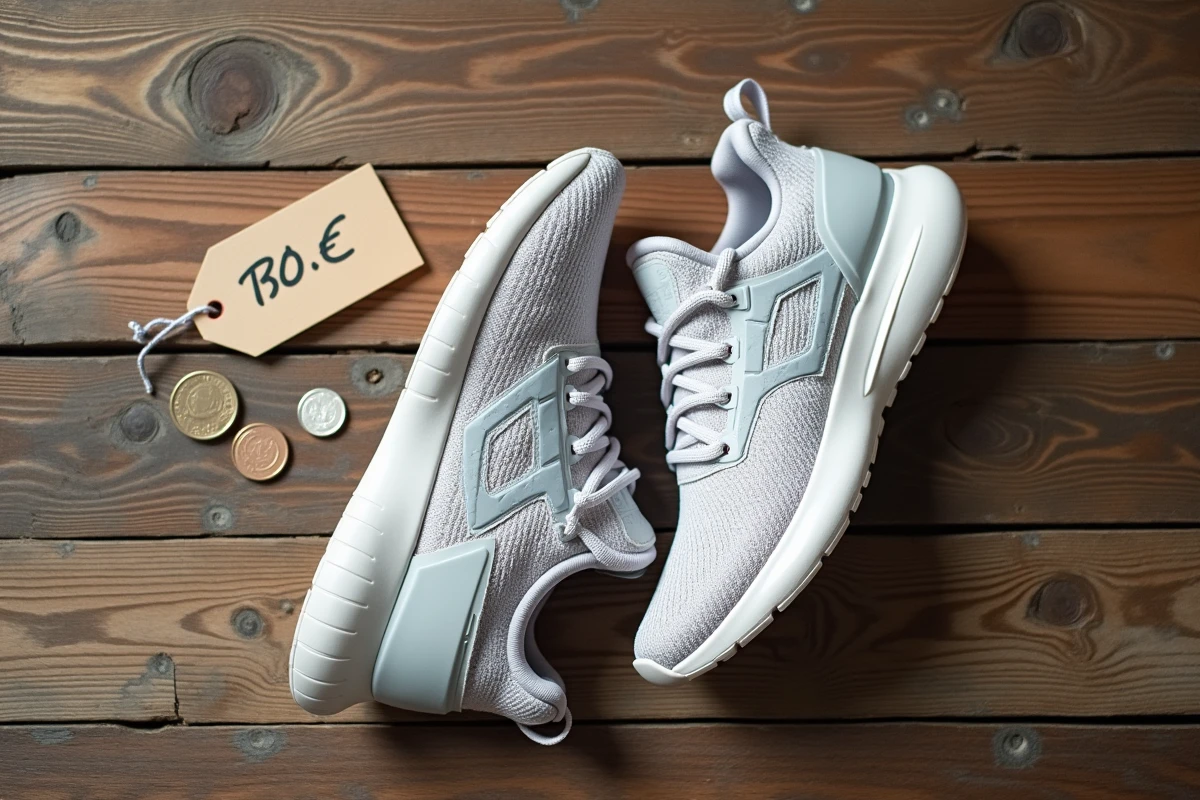 Paire de baskets confortables et abordables posée sur une surface en bois avec des pièces de monnaie et une étiquette de prix