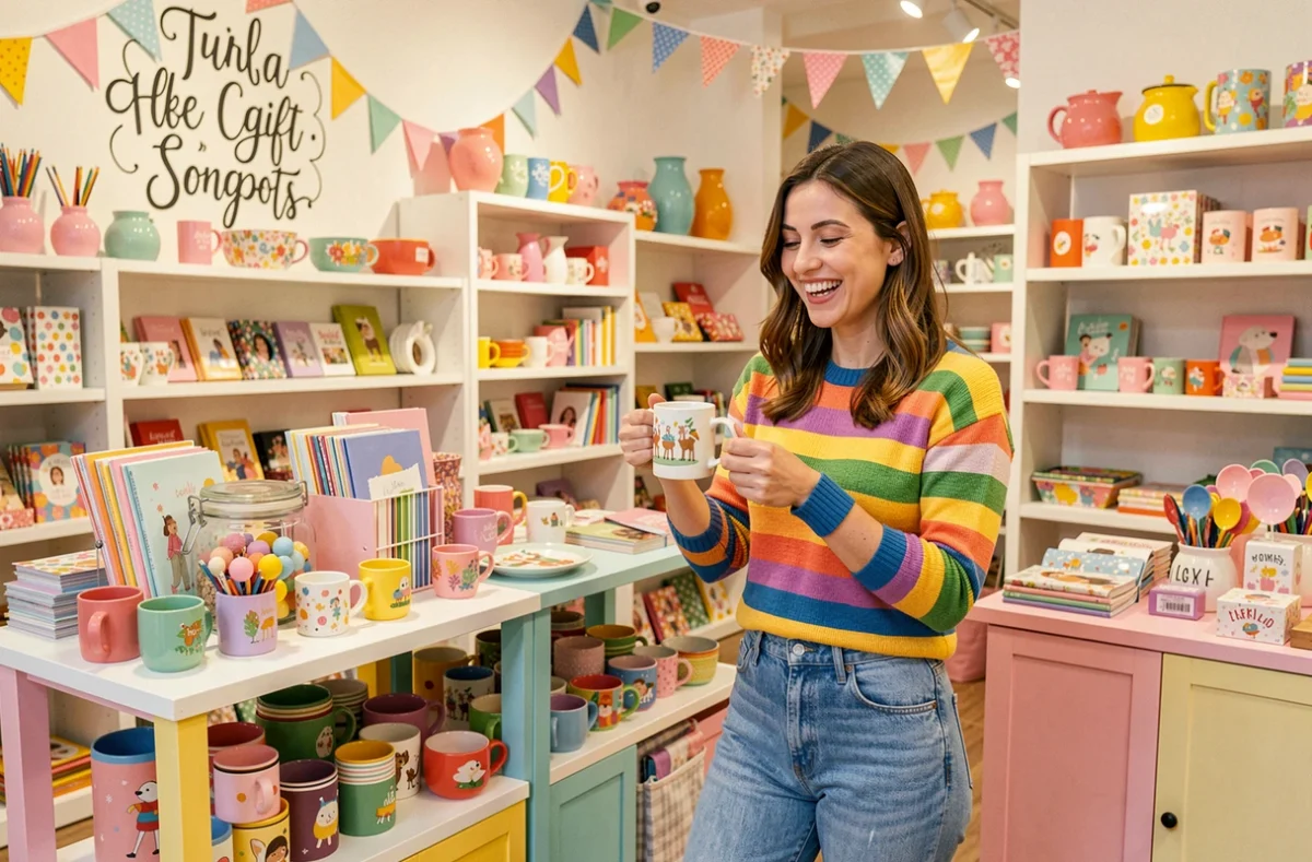 Intérieur du concept store cadeaux Be Happy à Lyon avec des objets colorés, de la papeterie illustrée, des accessoires fantaisie et des décorations joyeuses sur des étagères blanches