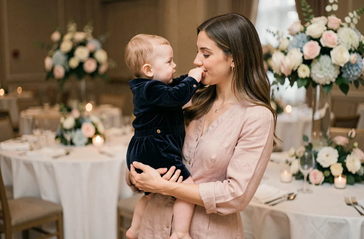 Mère tenant son bébé garçon habillé d'un romper velours bleu marine élégant lors d'une fête de baptême en salle décorée