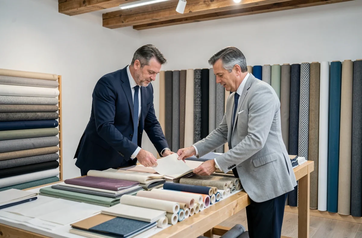 Deux tailleurs en costume discutant d'échantillons de tissu dans l'atelier de costumes sur mesure Blandin et Delloye à Caen