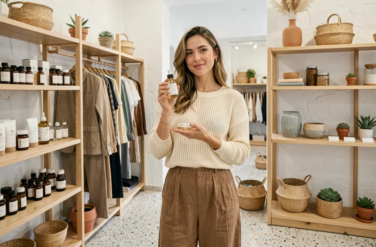 Intérieur du concept store lifestyle Bohmën à Lyon avec des cosmétiques naturels, des vêtements durables et des accessoires artisanaux sur des étagères en chêne