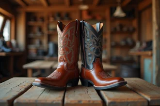 Bottes cowboy homme en cuir lisse poli, avec coutures détaillées sur une surface en bois rustique dans une boutique western