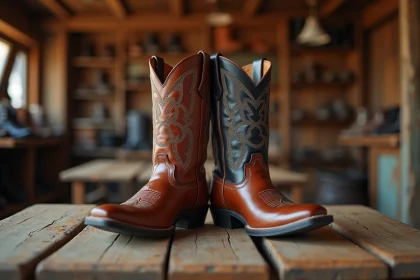 Bottes cowboy homme en cuir lisse poli, avec coutures détaillées sur une surface en bois rustique dans une boutique western