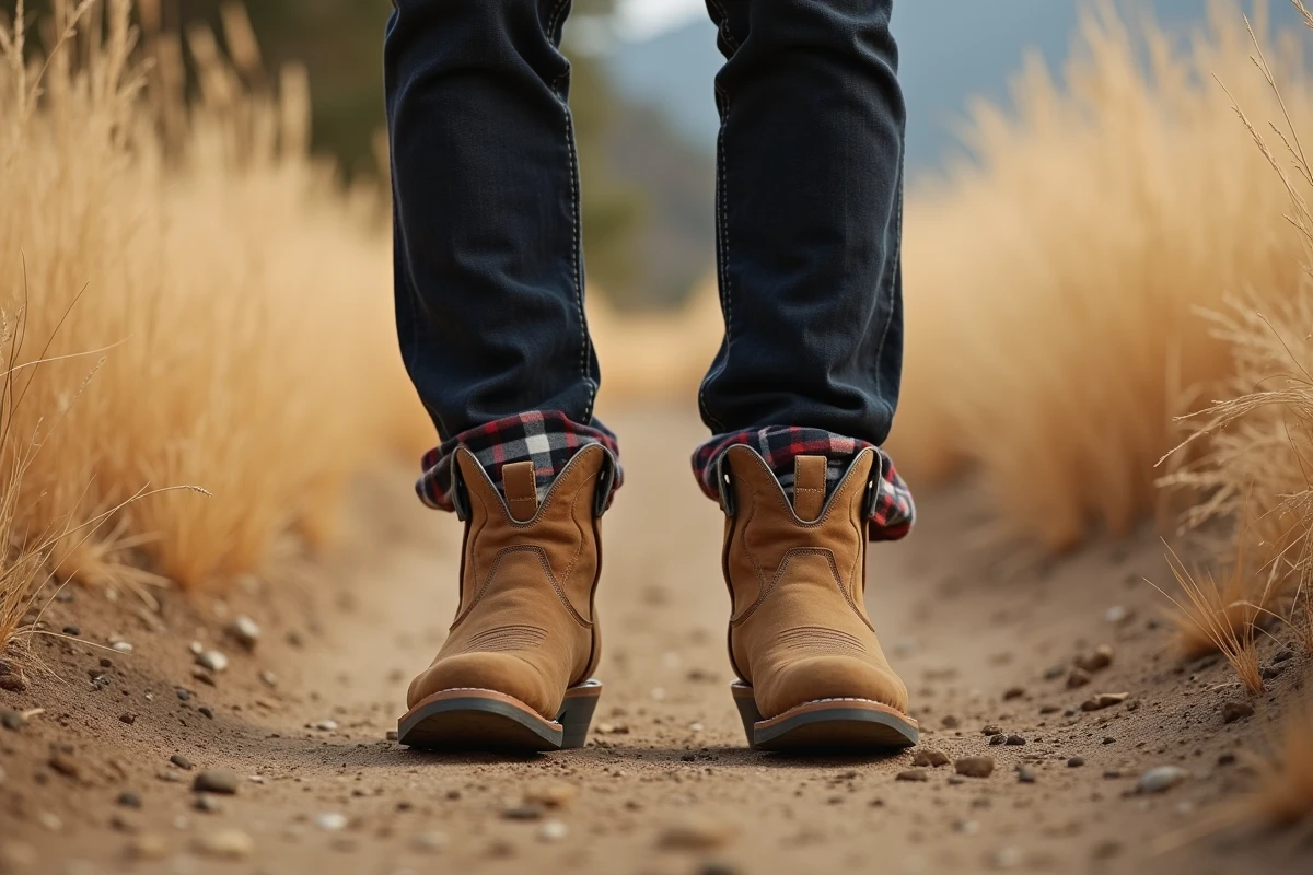 Homme portant des bottes cowboy en nubuck mat sur un chemin de terre en plein air, texture veloutée visible en détail