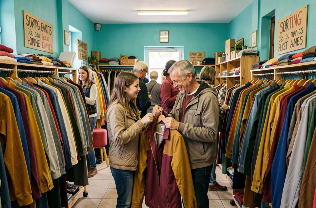 Ambiance animée et conviviale dans la friperie Bouge ta Frip' avec des clients de tous âges feuilletant des vêtements colorés