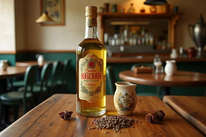 Bouteille de Bob Ricard pastis posée sur un comptoir de bistrot provençal avec verres et carafe d'eau