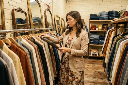 Femme parcourant les portants d'une boutique vintage à Toulouse avec des vêtements des années 70