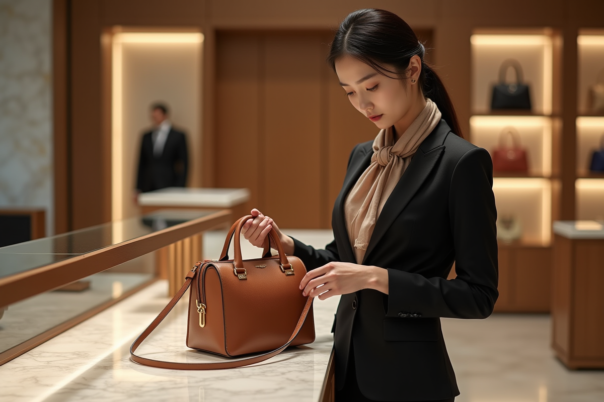 Femme d'affaires asiatique examine un sac de luxe dans une boutique