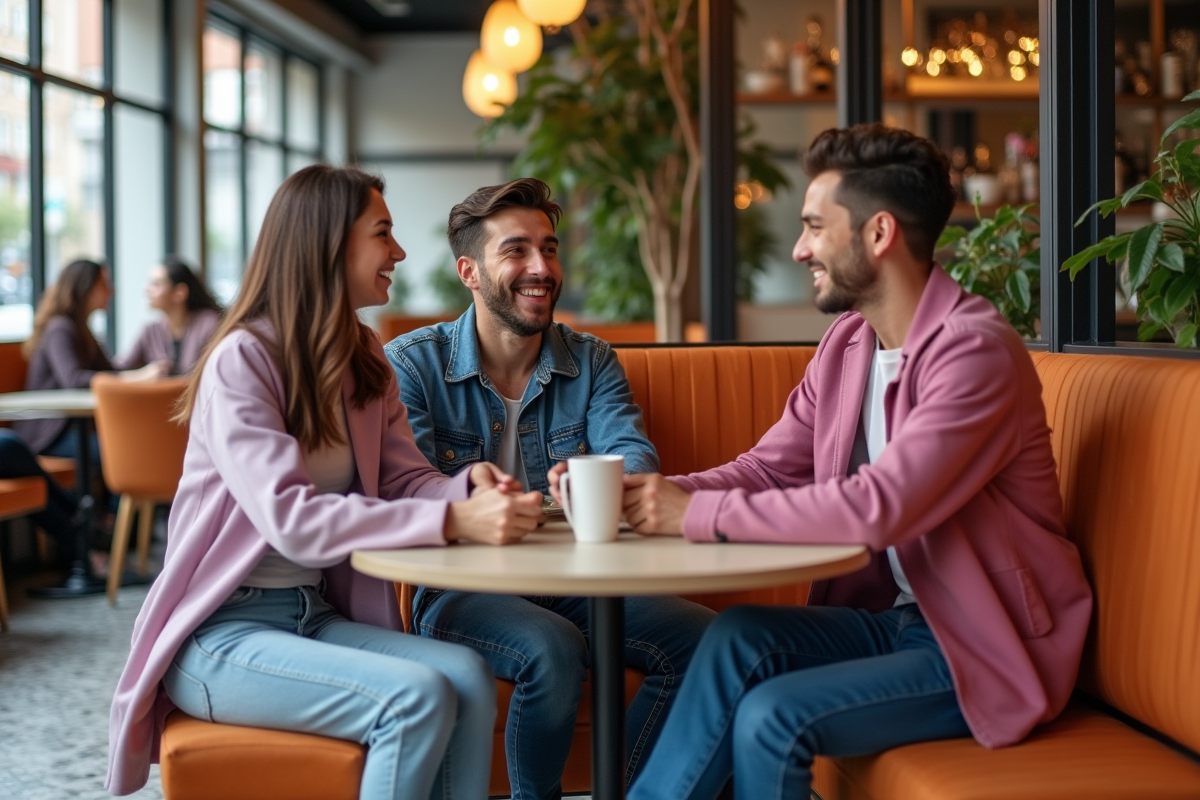Groupe d amis en tenues tendance dans un café chic