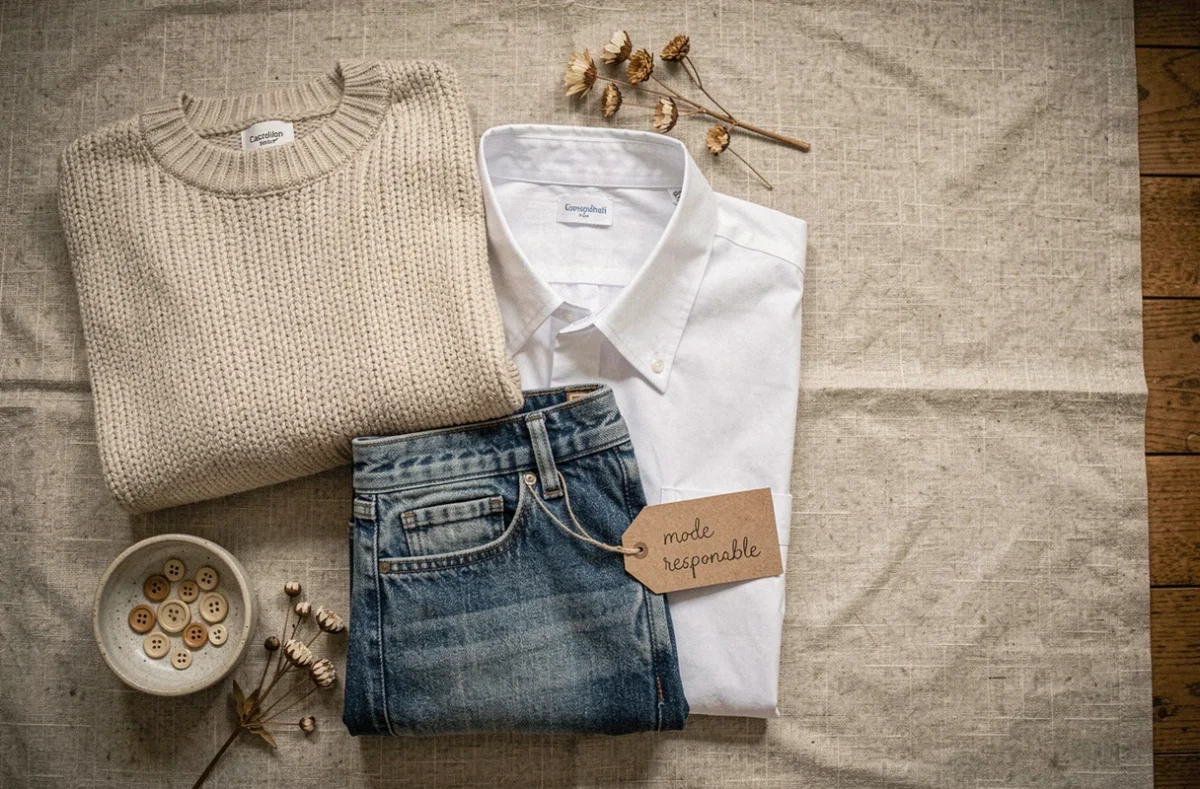 Flat lay d'une sélection capsule de vêtements responsables en coton bio et denim sur fond de lin naturel