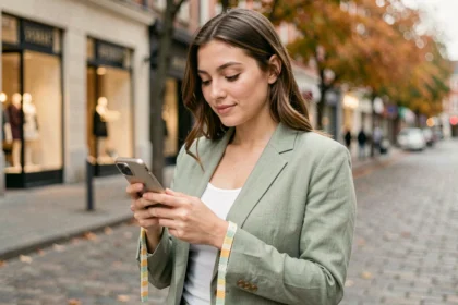 Femme assortissant une chaîne de téléphone colorée en tons pastels à sa tenue vestimentaire en laine verte en ville