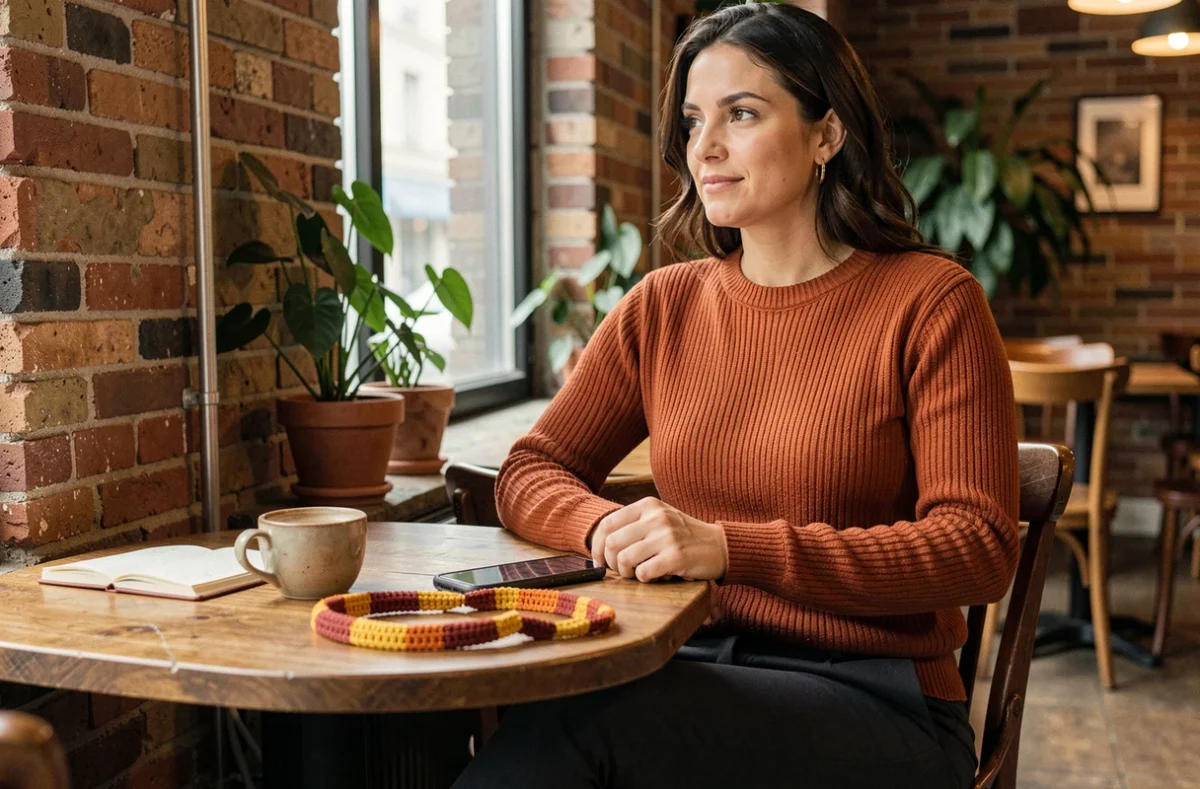 Femme en pull terracotta avec une chaîne de téléphone crochetée aux couleurs coordonnées posée sur une table de café