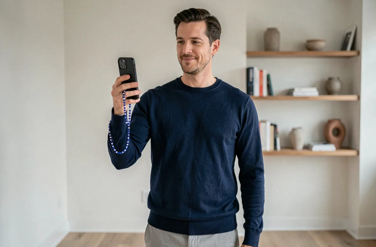 Homme en pull marine coordonnant une chaîne de téléphone en perles bleues et blanches à sa tenue dans un appartement moderne