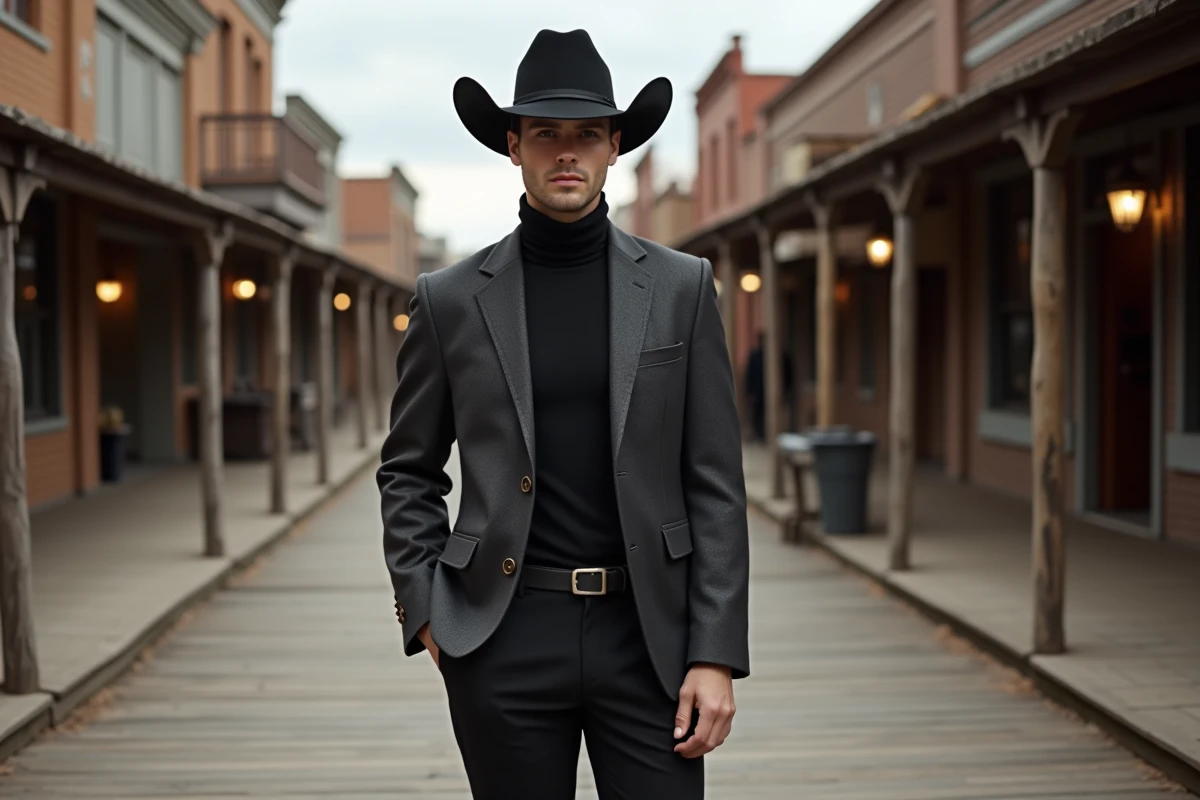 Jeune homme mince portant un chapeau cowboy western noir à bord courbé et couronne en larme, silhouette élancée mise en scène dans une rue historique de style Far West