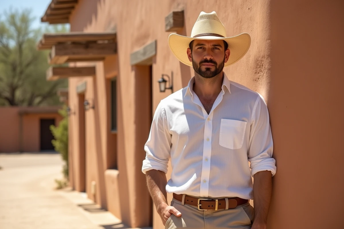 Homme aux épaules larges portant un chapeau cowboy western en paille couleur sable à couronne pincée, effet affinant sur la silhouette devant un mur en adobe sud-américain