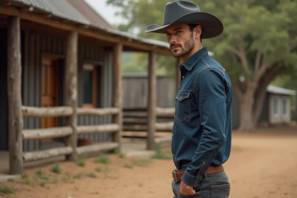Homme grand et élancé portant un chapeau cowboy western à large bord en feutre gris charbon, silhouette affinée mise en valeur dans une cour de ranch rustique