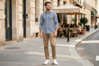 Homme en chemise vichy bleue et blanche Celio portée au quotidien dans une rue parisienne, style casual urbain