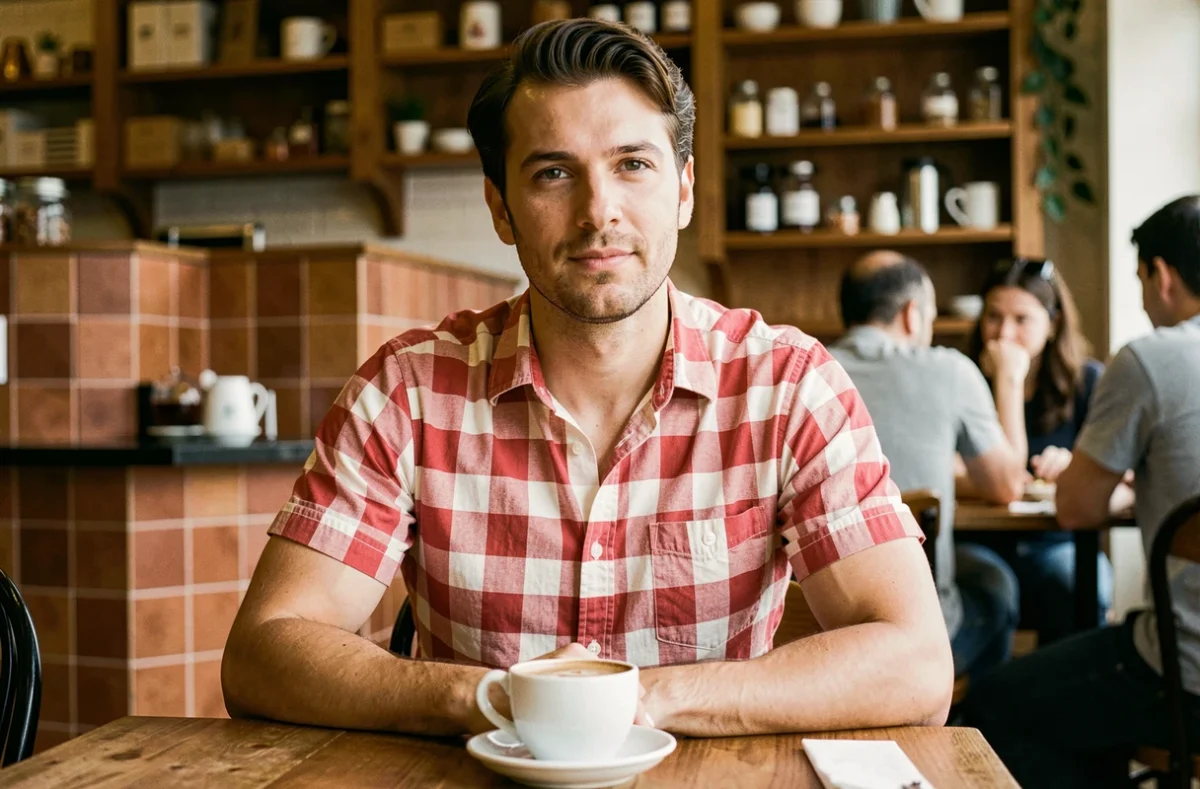 Homme portant une chemise vichy rouge Celio attablé dans un café parisien, look décontracté du quotidien