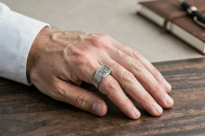 Chevalière homme en argent brossé avec monogramme gravé portée à l'auriculaire, posée sur un bureau en noyer