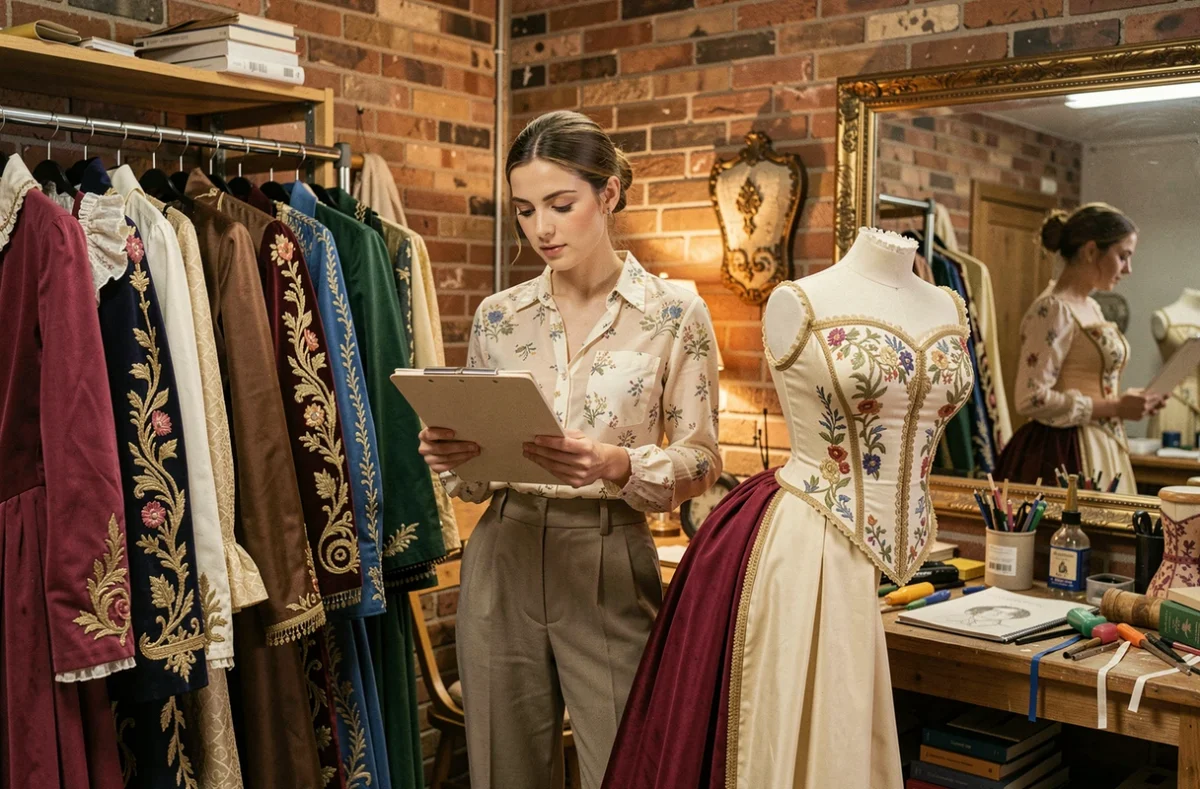 Costumière et créatrice Cléo Paquette entourée de costumes théâtraux dans son atelier à Caen, tenant un carnet de croquis