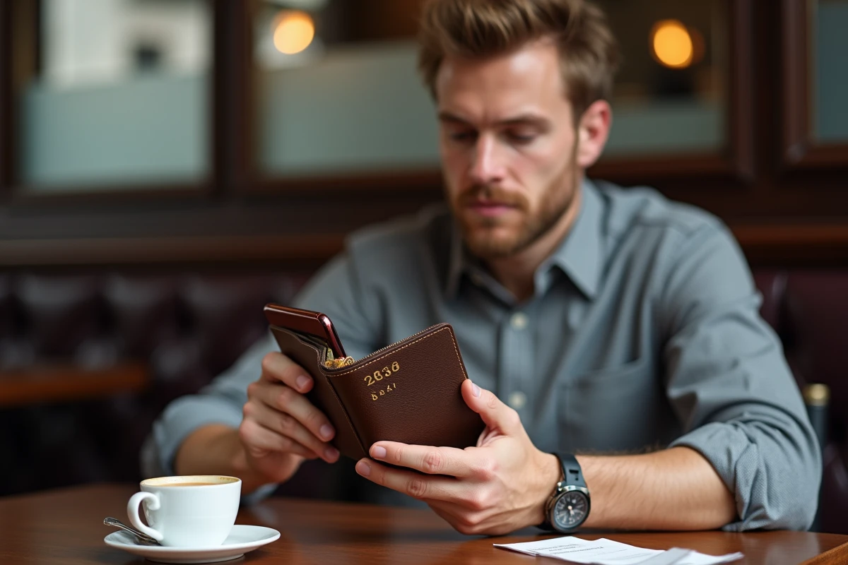 Homme photographiant le code date d'un portefeuille Louis Vuitton avec un smartphone et un reçu d'achat sur une table de café