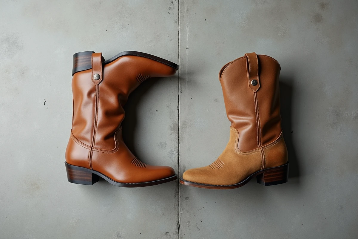 Comparaison côte à côte de bottes cowboy homme en cuir lisse brillant et en nubuck mat sur fond béton gris neutre