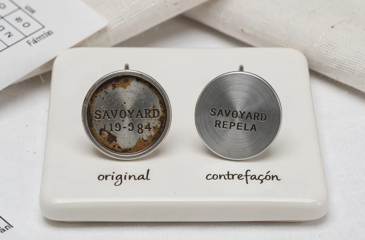 Comparaison côte à côte d'une boucle d'oreille savoyarde authentique et d'une contrefaçon moderne sur une surface blanche avec étiquettes explicatives