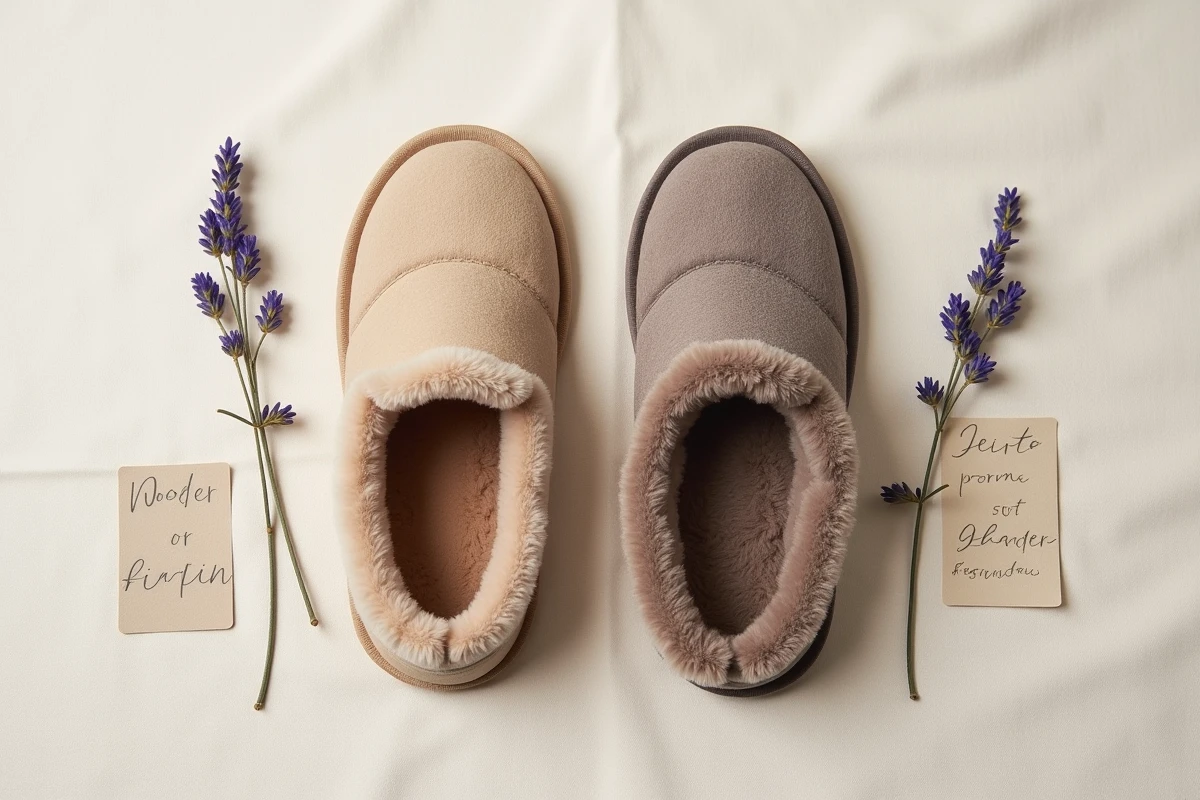 Comparaison en flat-lay de deux chaussons teckel côte à côte, l'un en laine et l'autre en fausse fourrure, sur fond de lin crème