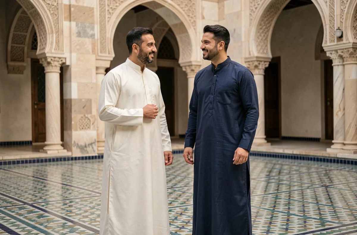 Comparaison entre qamis classique blanc et wassat bleu marine portés par deux hommes dans une cour de mosquée