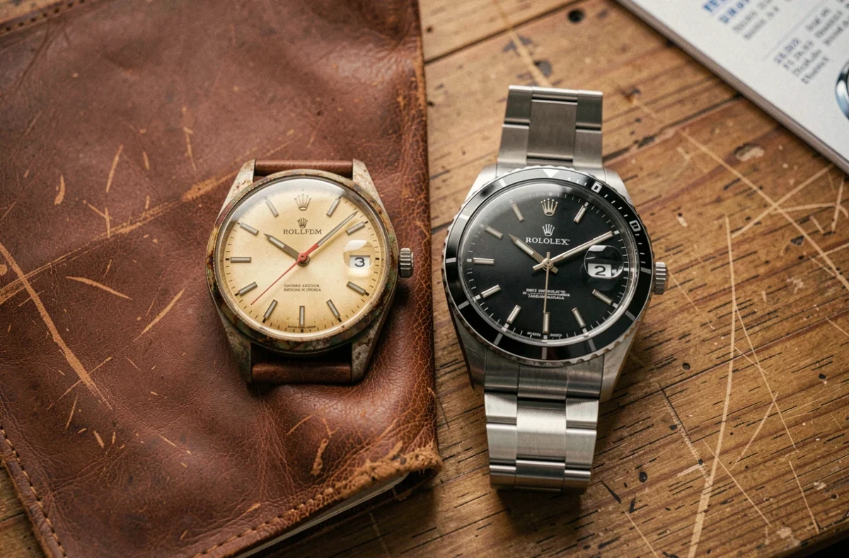 Comparaison entre une Rolex vintage d'occasion et une Rolex neuve en acier sur un bureau en bois