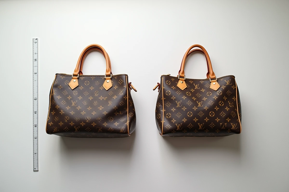 Comparaison côte à côte d'un sac Louis Vuitton authentique et d'une contrefaçon, vue de dessus sur fond blanc