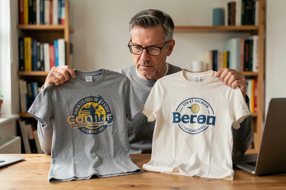 Homme comparant deux t-shirts dont l'un est une contrefaçon en examinant les logos et la qualité des coutures