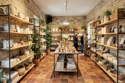 Intérieur d'un concept store régional en Auvergne-Rhône-Alpes avec des produits artisanaux, vintage et lifestyle exposés sur des étagères en bois et des structures en fer
