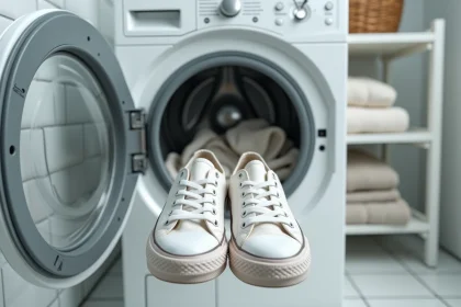 Paire de Converse blanches placées dans le tambour d'un lave-linge ouvert, prêtes à être lavées en machine