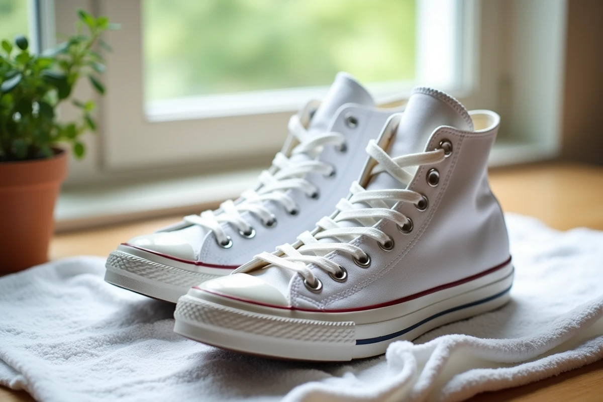 Converse hautes blanches fraîchement lavées en machine, posées sur une serviette pour sécher à l'air libre