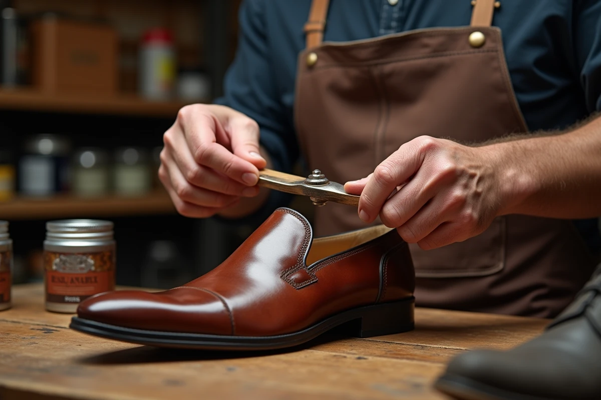 Cordonnier insérant une forme réglable dans un mocassin en cuir marron pour l'élargir sans l'abîmer