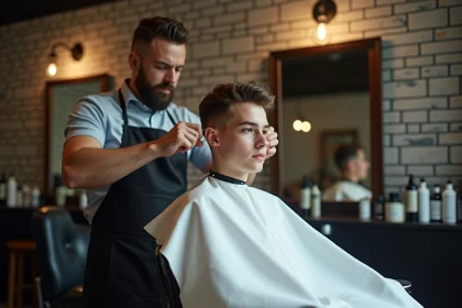 Adolescent se faisant couper les cheveux style coupe casquette par un coiffeur professionnel dans un salon de barbier moderne