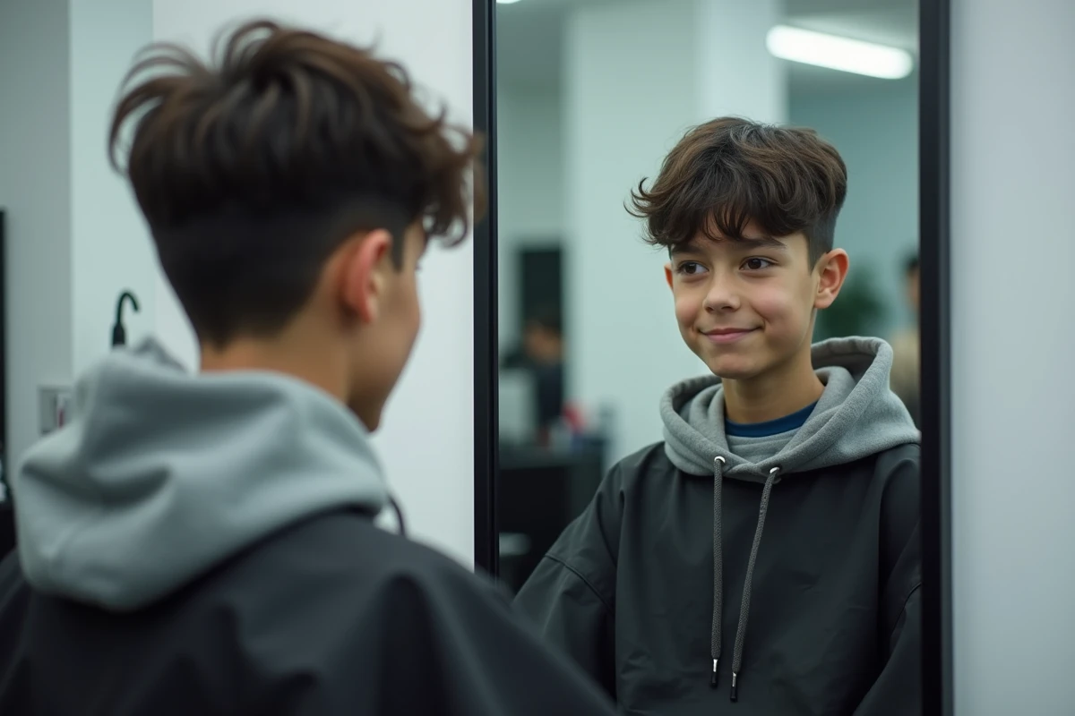 Jeune garçon regardant son reflet dans le miroir d'un salon de coiffure avec une coupe casquette en cours de réalisation