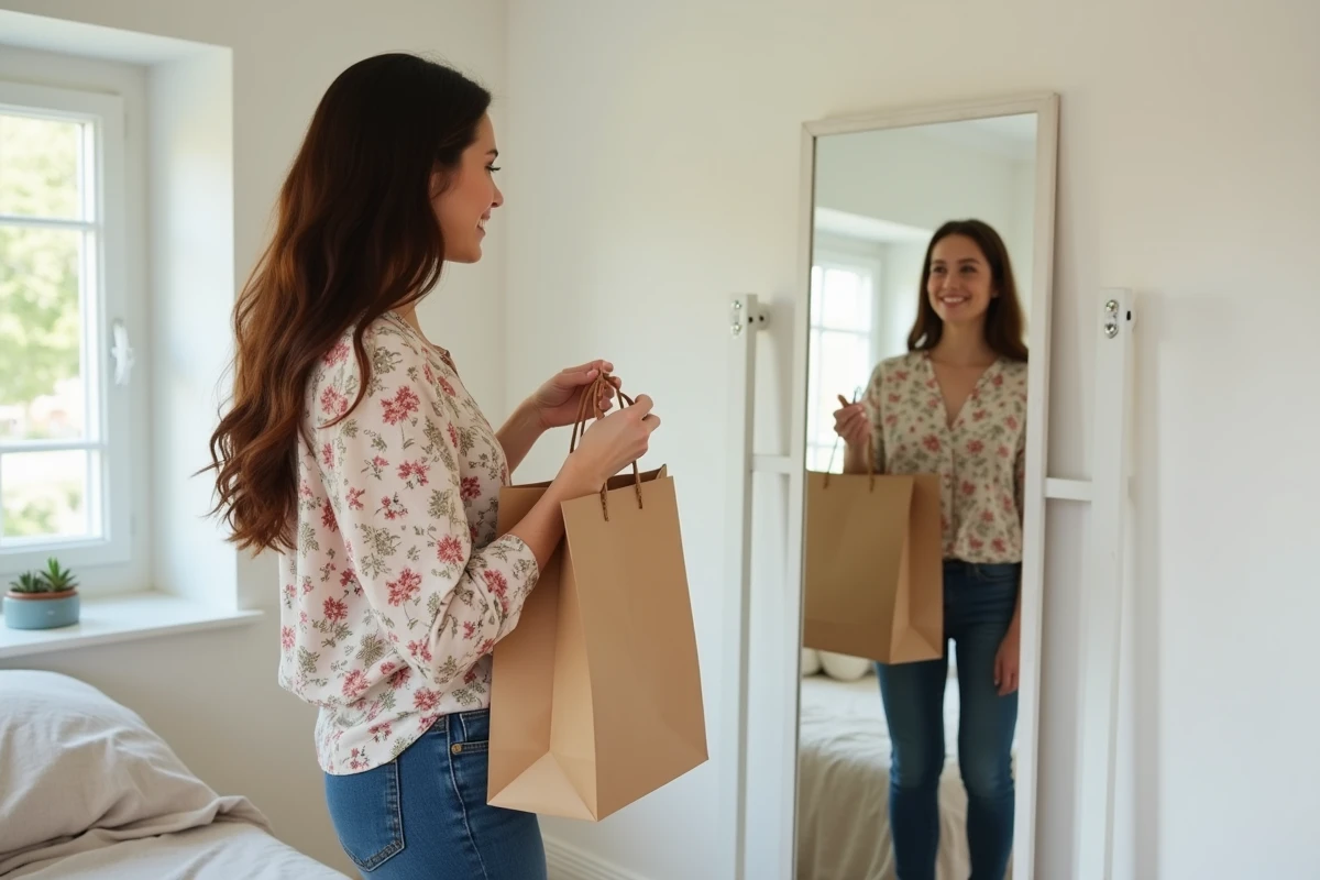 Jeune femme découvrant ses achats Kiabi devant un miroir dans une chambre minimaliste